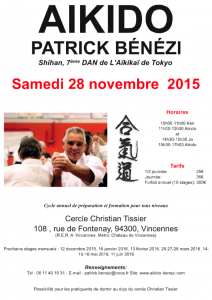 Stage aikido avec Patrick Bénézi Shihan le samedi 28 novembre 2015 à Vincennes