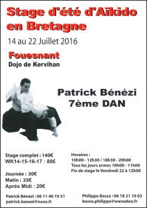 Stage d'été en Bretagne avec Patrick Bénézi Shihan du 14 au 22 juillet 2016