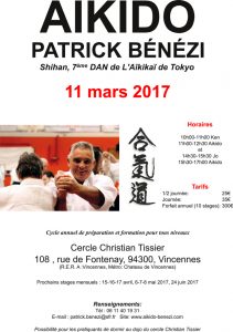 Stage aikido avec Patrick Bénézi SHIHAN le samedi 11 mars 2017 à Vincennes