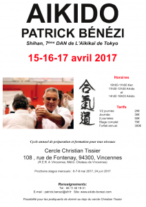 Stage aikido avec Patrick Bénézi SHIHAN les 15, 16 et 17 avril 2017 à Vincennes 