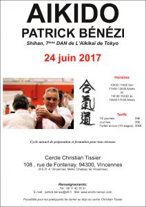Stage aikido avec Patrick Bénézi SHIHAN à Vincennes le samedi 24 juin 2017
